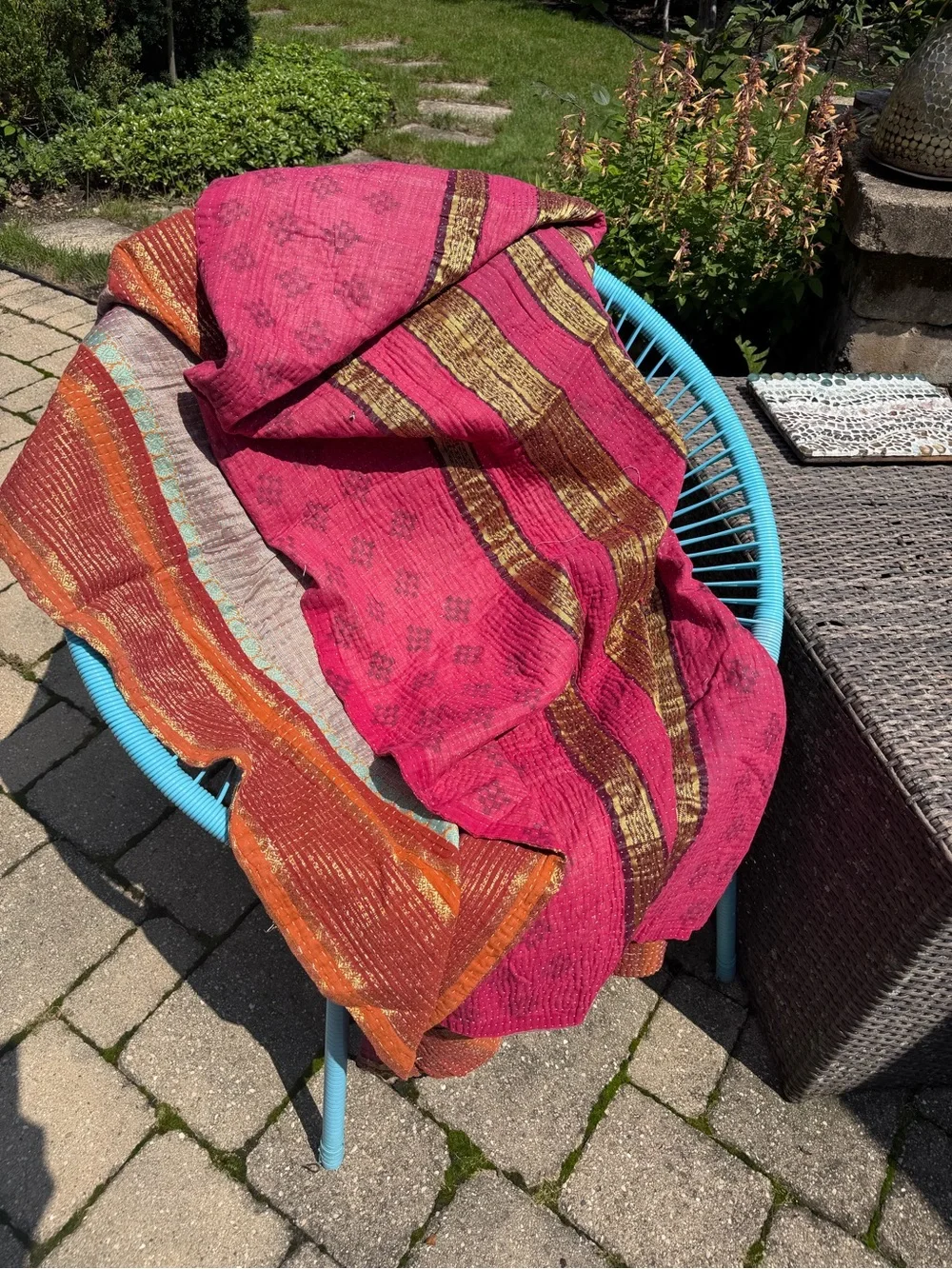 Vintage Kantha Quilt Hot Pink Gold Reversible Indian Hand Stitched Throw